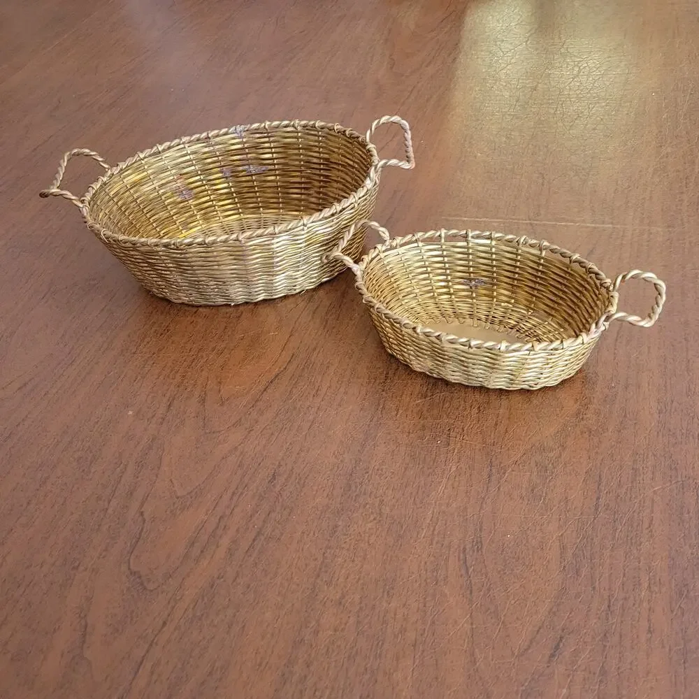 Vintage Brass Set of 2 Oval Brass Weaved Baskets